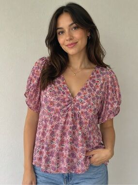 Feminine Lily Star Pink Floral V-Neck Puff Sleeve Blouse, Coquette Cottagecore